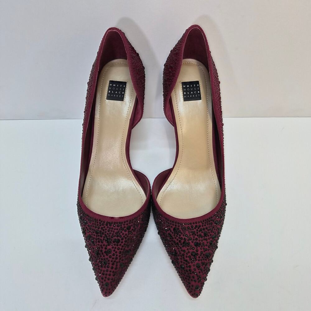 WHBM Ella Grenadine Burgandy Sparkle Heels Black Beading 8.5M Dark Romance Glam